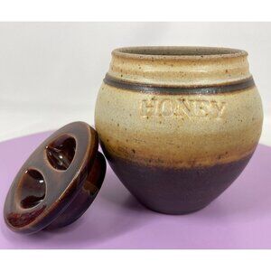 Vintage 70s honey jar, stoneware pottery, small container, country decor